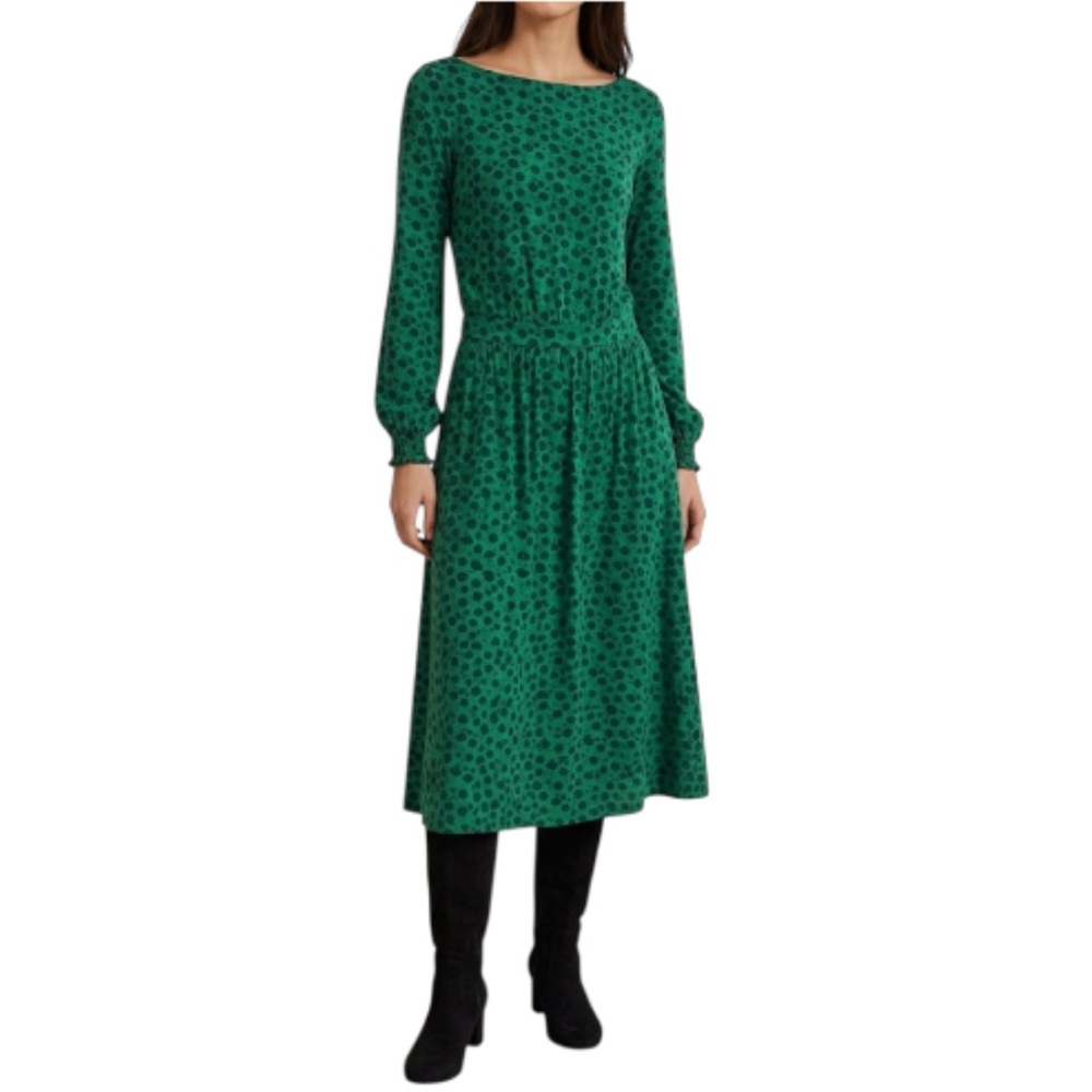 Boden Green Navy Floral Long Sleeve Stretchy Viscose Evelyn Midi Dress US 6R